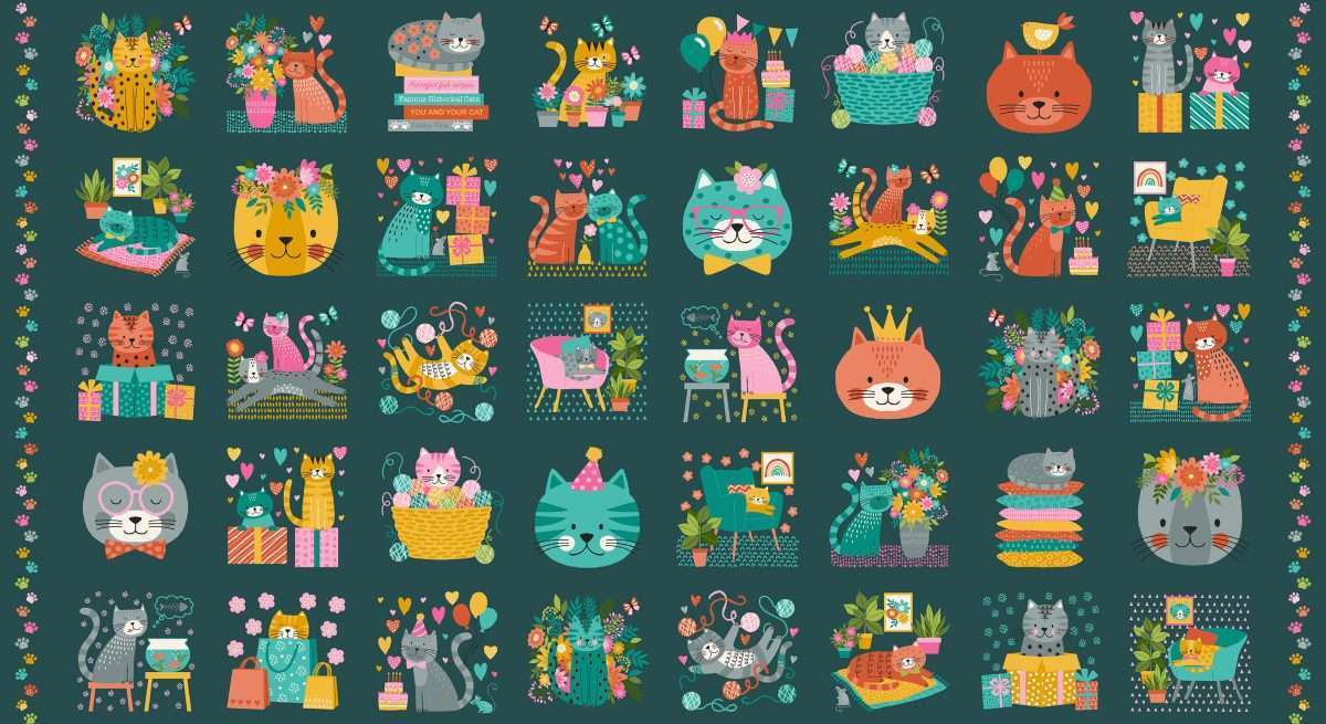 REDUCED Makower Whiskers Cats 4 Different Designs including a Panel 100% Premium Cotton Fabric