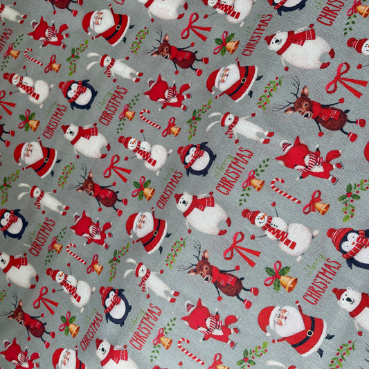 Christmas-themed fabric pattern with Santa Claus, reindeer, snowmen, and candy canes on a gray background.