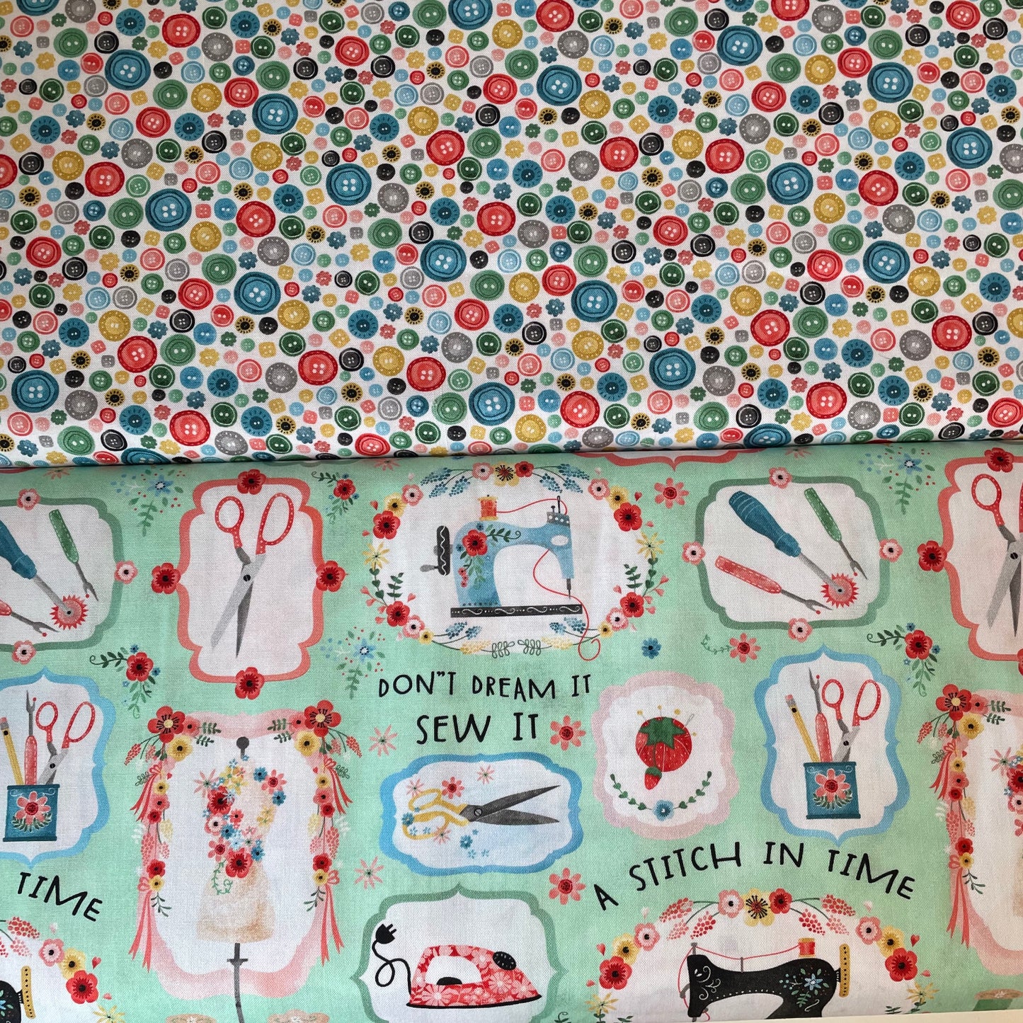 EQS A Stitch in Time Buttons Quotes Sewing Quilting 100% Premium Cotton Fabric