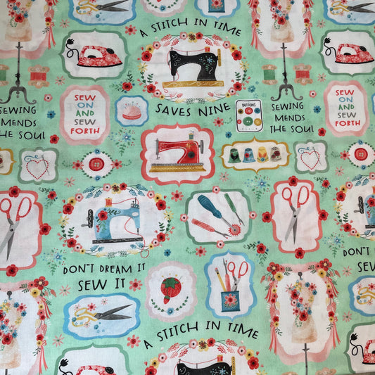 EQS A Stitch in Time Buttons Quotes Sewing Quilting 100% Premium Cotton Fabric