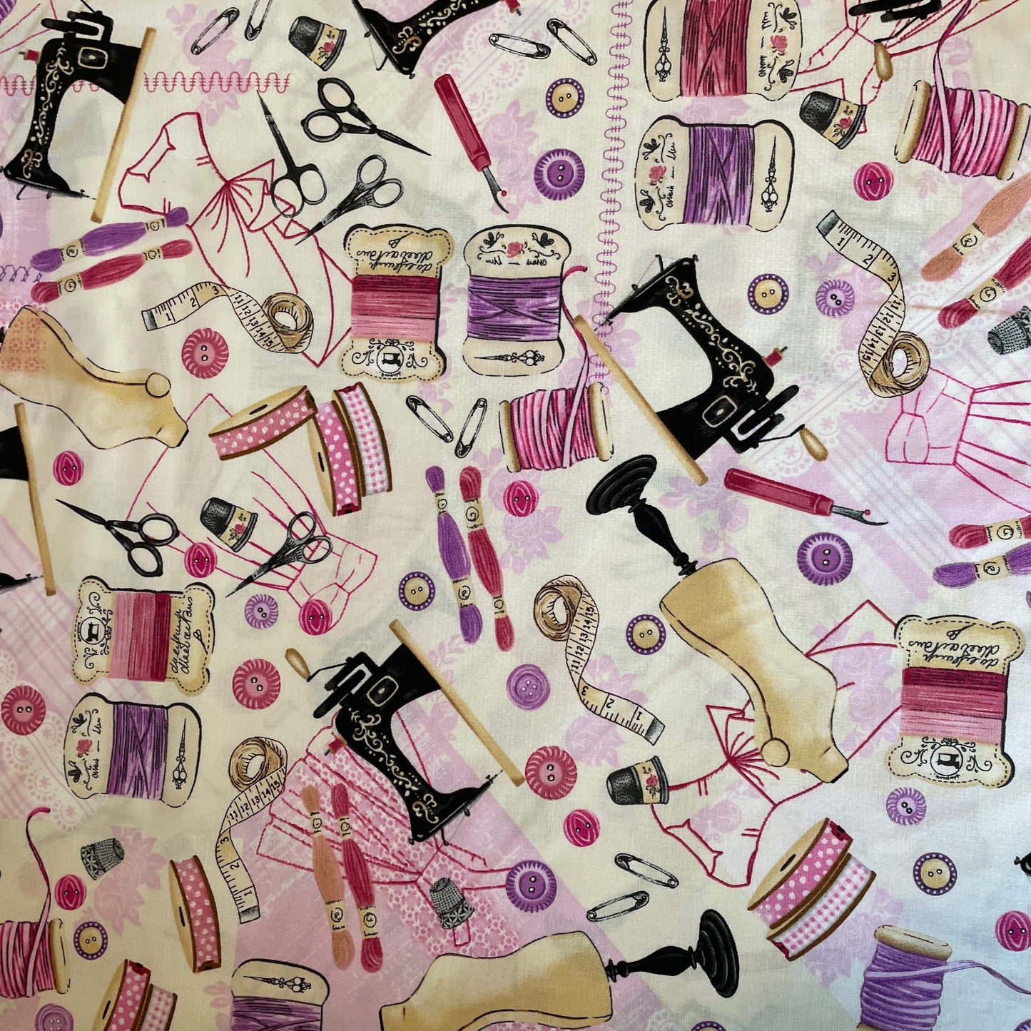 END OF BOLT 2.5m Timeless Treasures Sewing Haberdashery on Pink 100% Premium Cotton Fabric