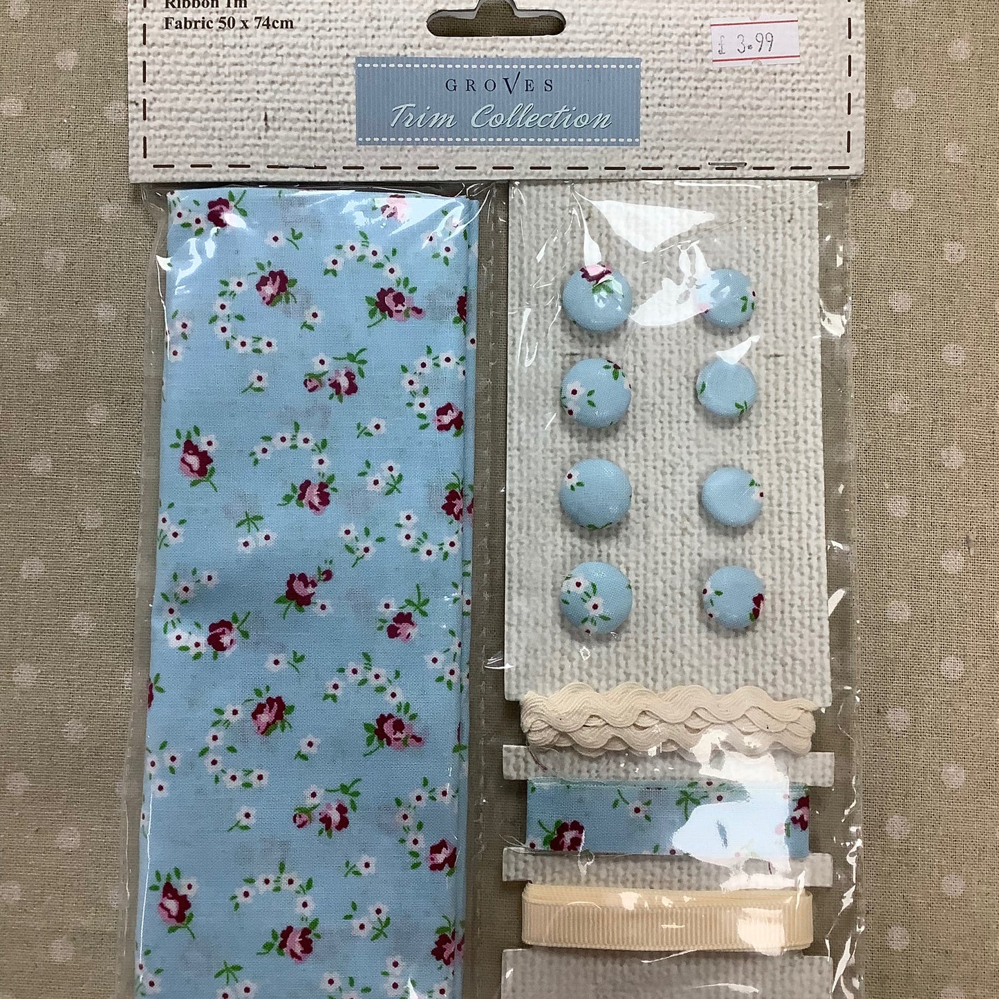 Blue Floral Fabric with Coordinating Buttons and Ribbon 100% Cotton Craft Fabric
