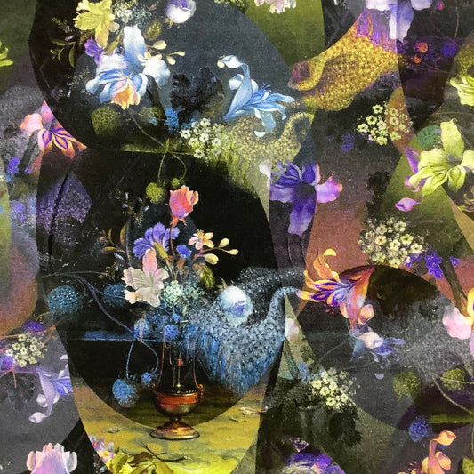 Lightweight Black and Blue with Floral Lamp Detail Stretch Jersey Fabric 95% Viscose 5% Elastane Dressmaking