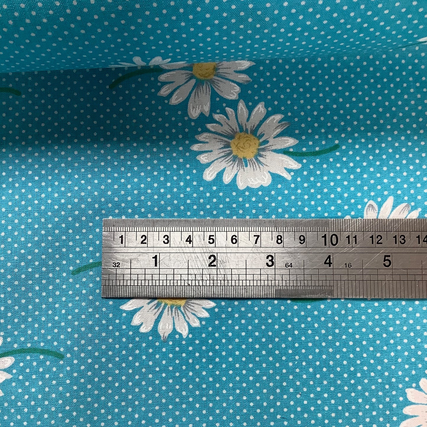 Turquoise with White Polka Dot and Daisies 100% Cotton Craft Fabric