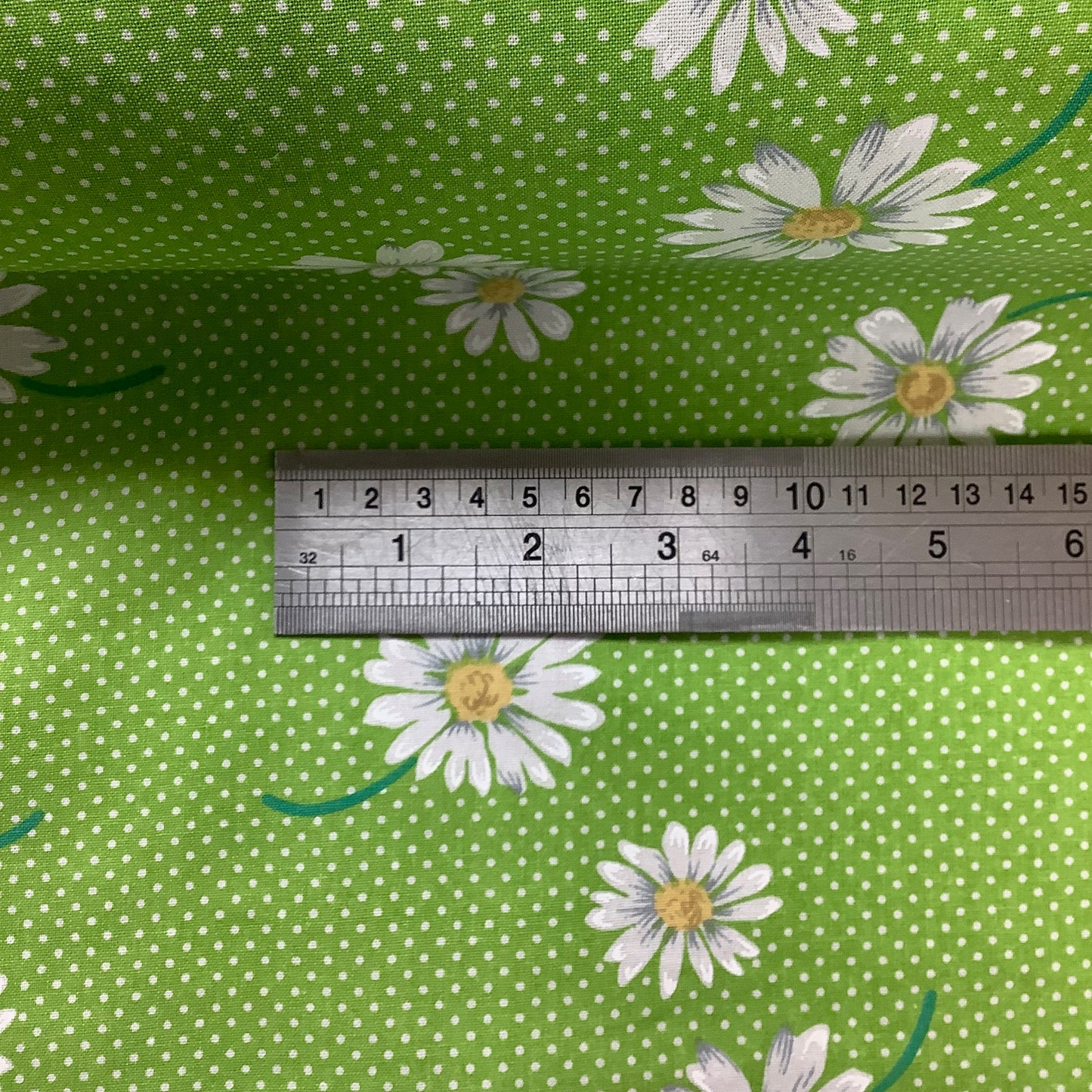Green with White Polka Dot and Daisies 100% Cotton Craft Fabric