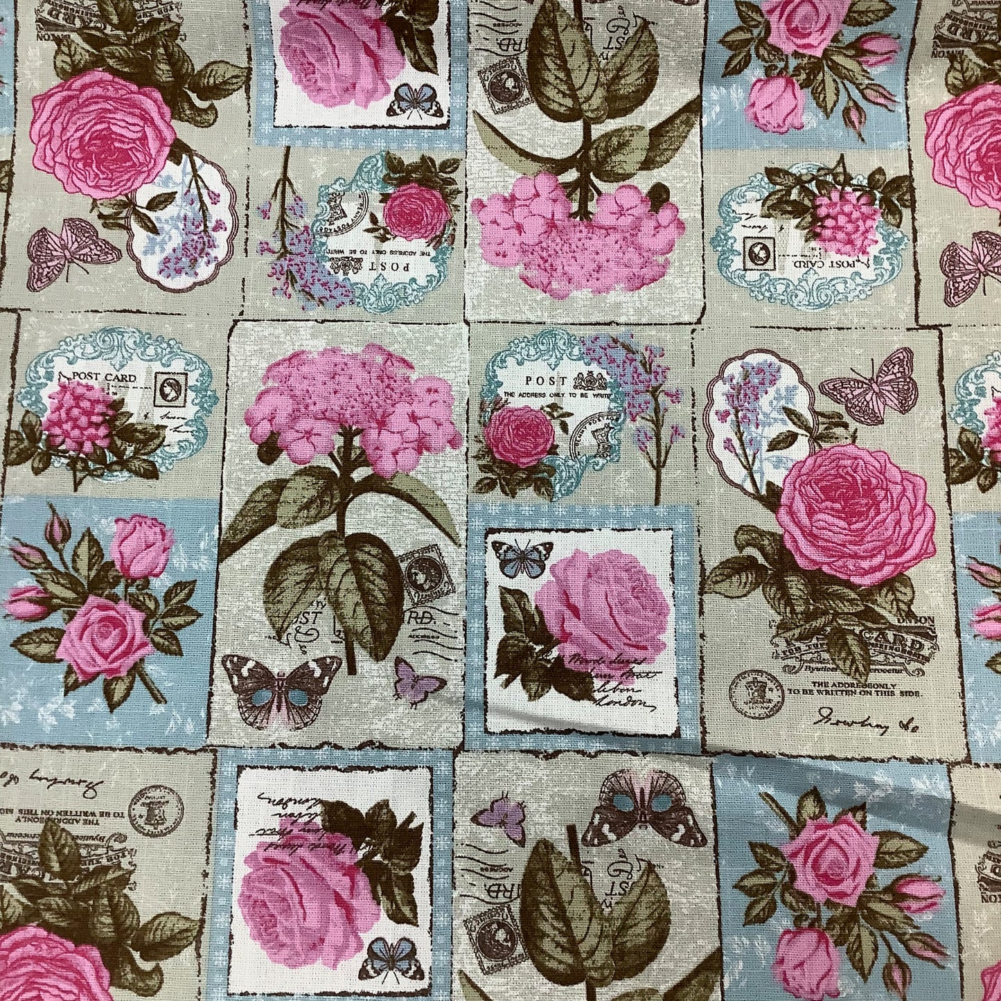 Pink Roses, Butterflies and Script Cotton Canvas Soft Heavyweight 100% Cotton