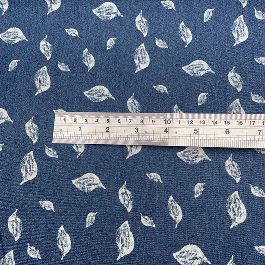 Blue Leaf Print Cotton Denim Fabric