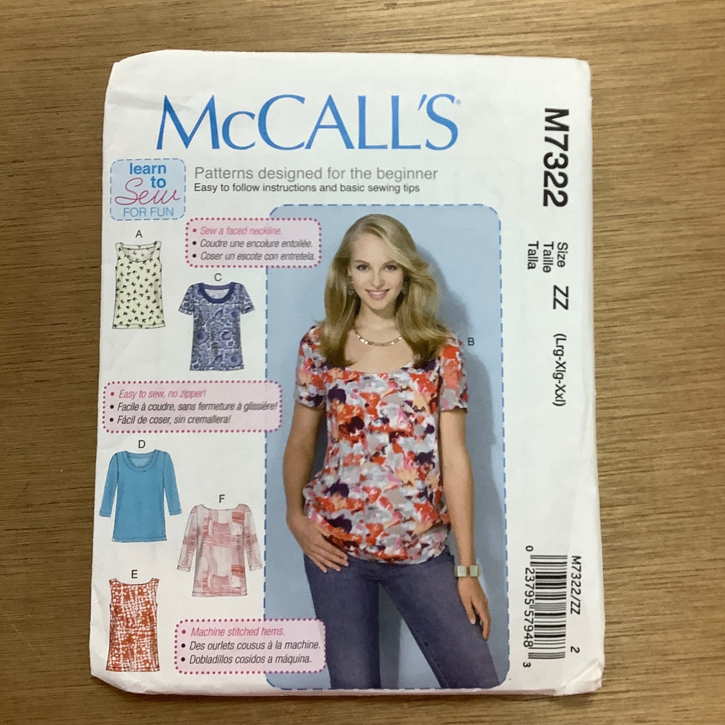 McCall's Dressmaking Sewing Pattern Ladies Women's Tops Learn to Sew 7322