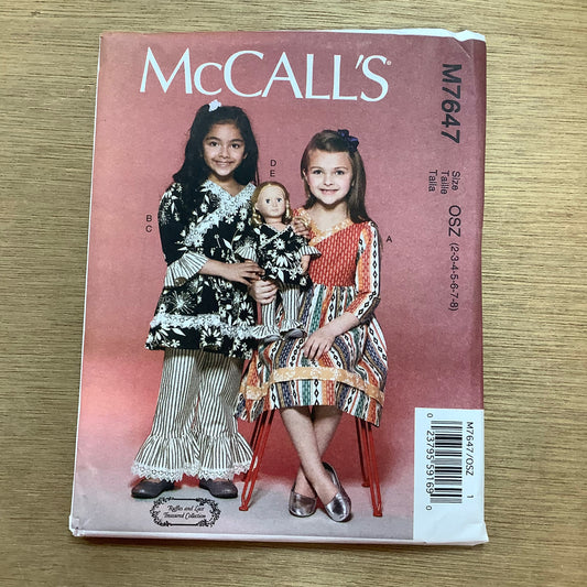 McCall's Dressmaking Sewing Pattern Children's Girl's Dress Dresses Tunic Trousers Pants Doll 7647