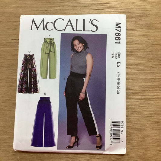 McCall's Dressmaking Sewing Pattern Ladies Women's Wide Leg Trousers Pants 7661