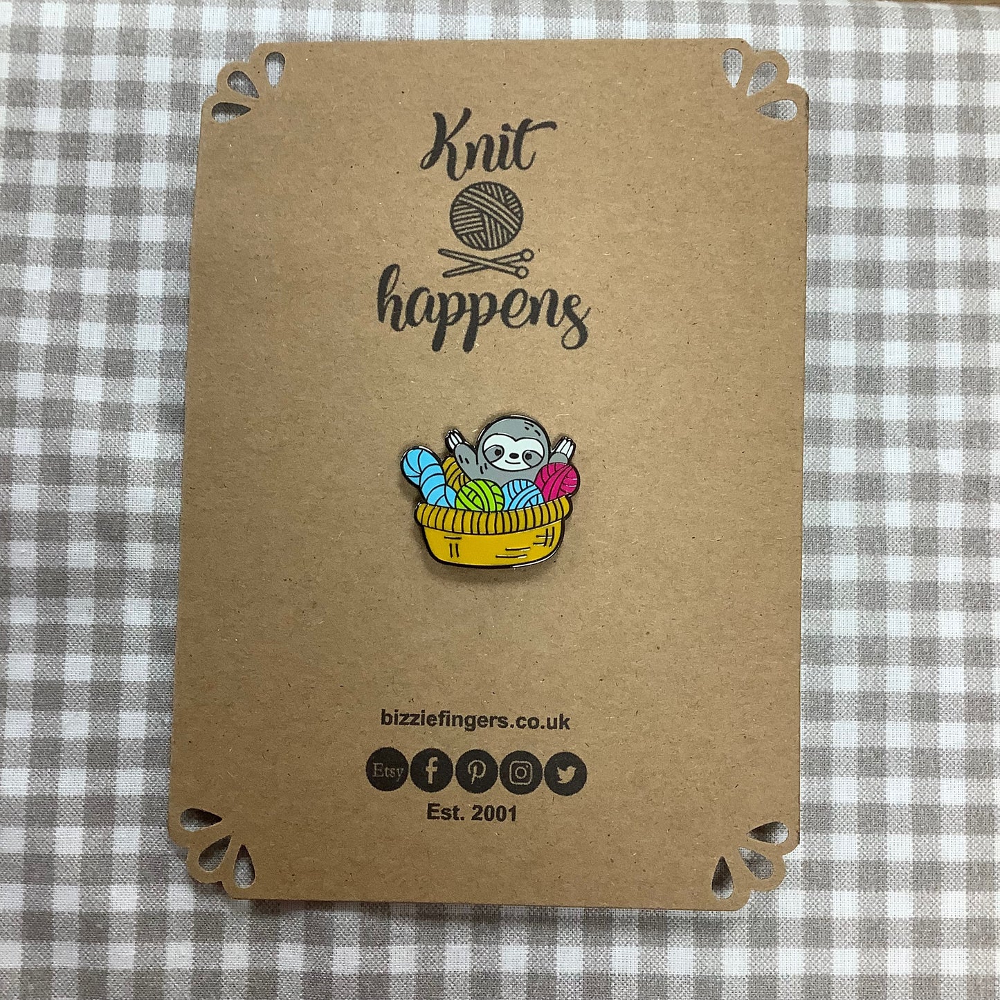 Quality Metal Pin Badge Knit Happens Sloth on a A6 Presentation Card Gift