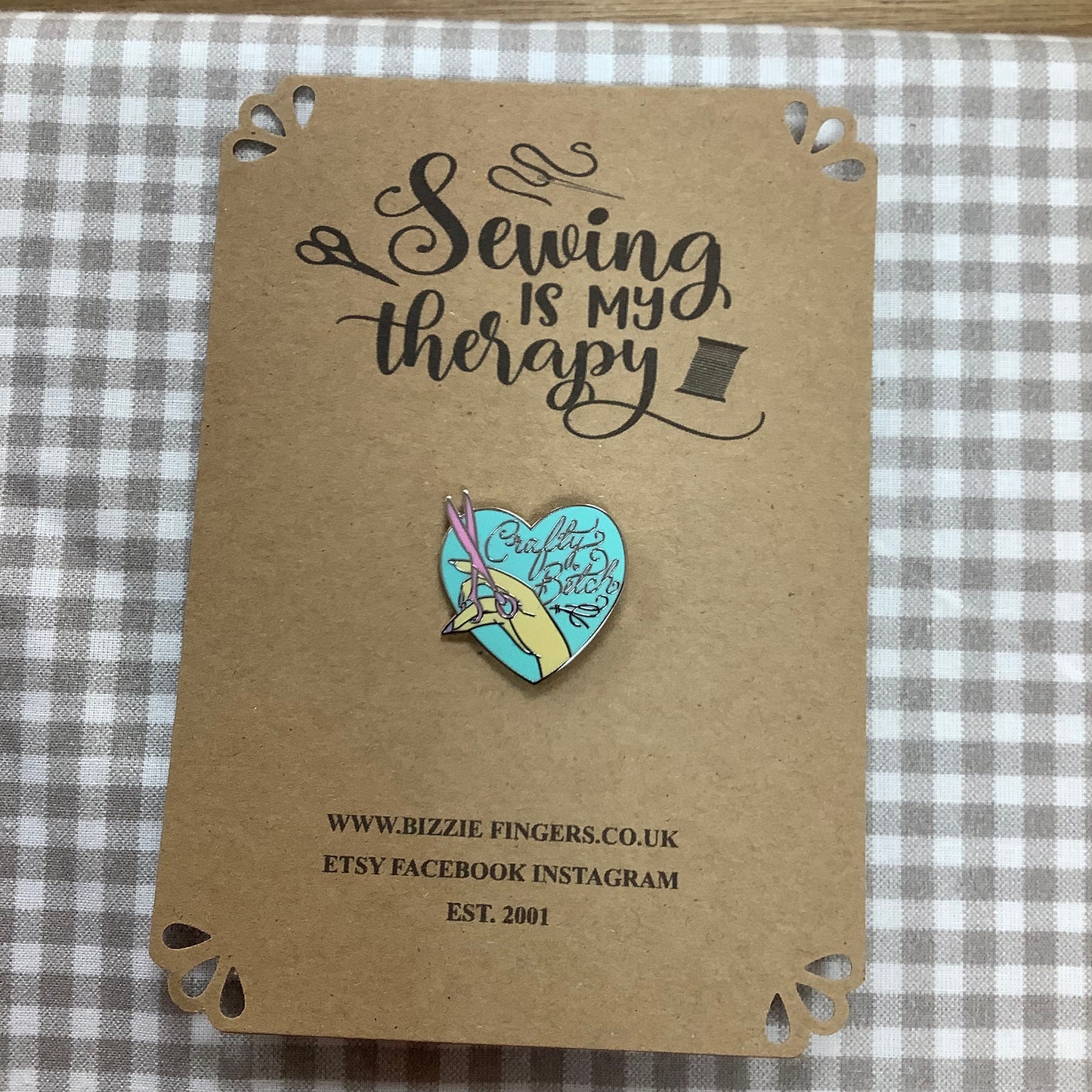 Quality Metal Pin Badge Crafty Bitch on a A6 Presentation Card Gift