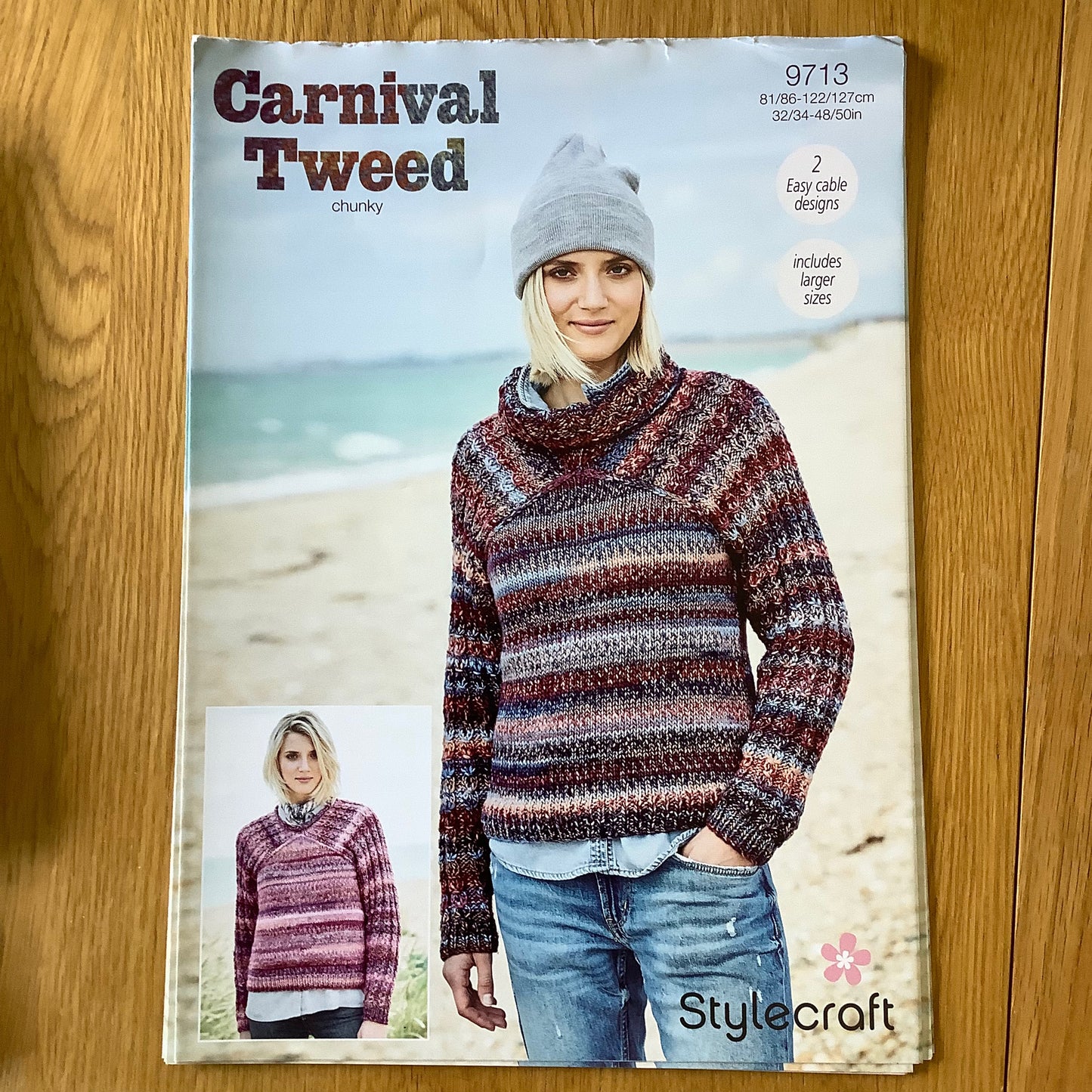 Stylecraft Carnival Tweed Ladies Easy Cable Roll Neck & Round Neck Jumper Sweater Chunky Knitting Pattern 9713