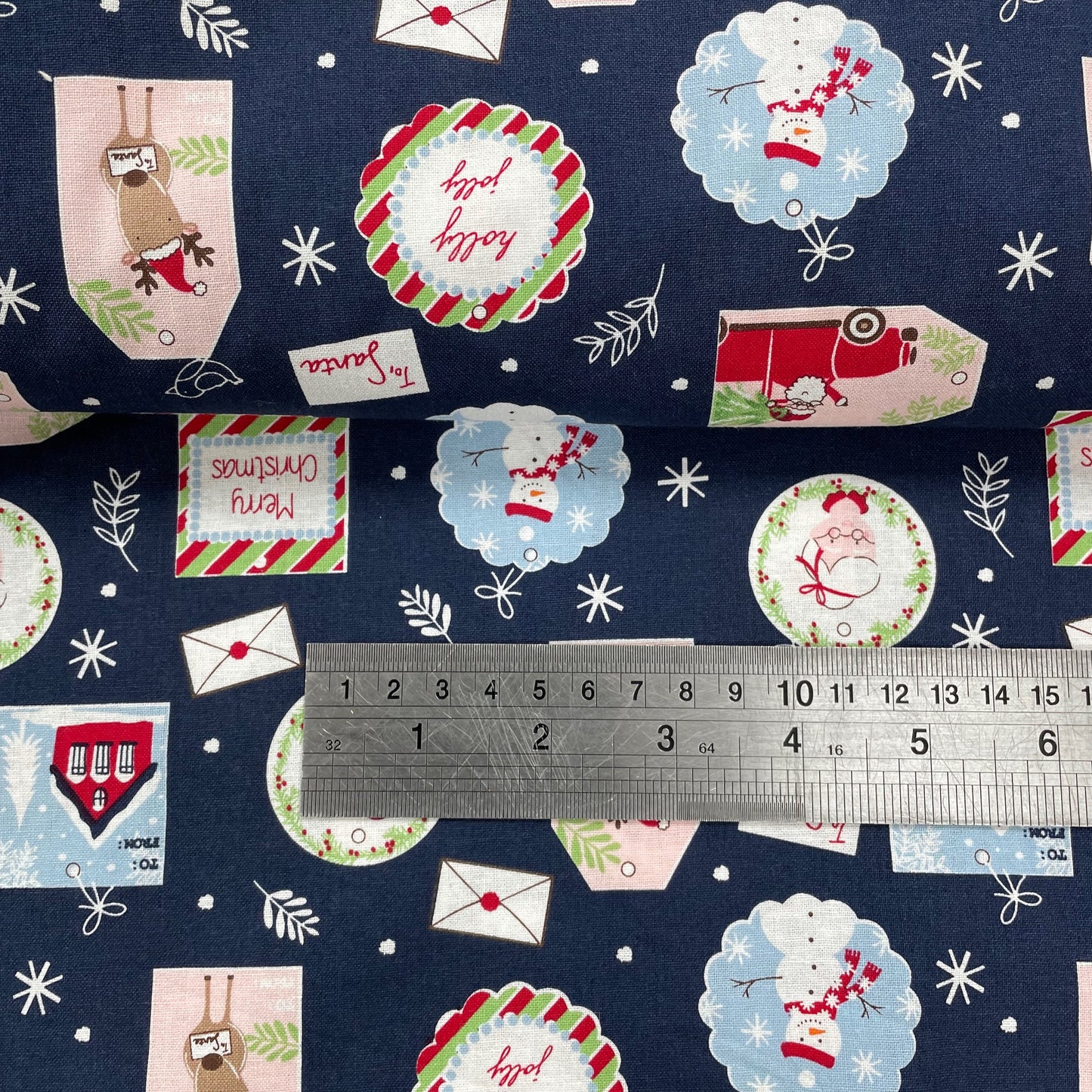 John Louden Christmas Novelty Gift Tags on Navy Christmas 100% Craft Cotton Fabric
