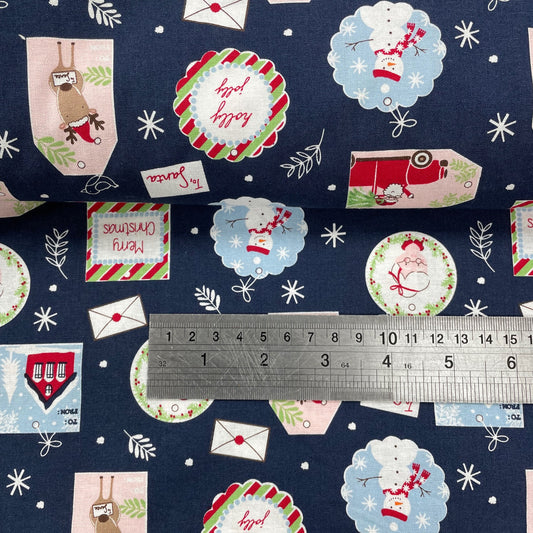 John Louden Christmas Novelty Gift Tags on Navy Christmas 100% Craft Cotton Fabric