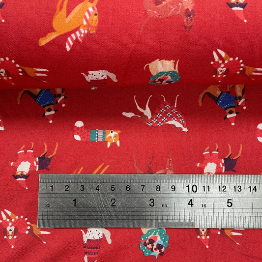 Crafty Fabrics Novelty Dogs on Red and Grey Christmas 100% Craft Cotton Fabric