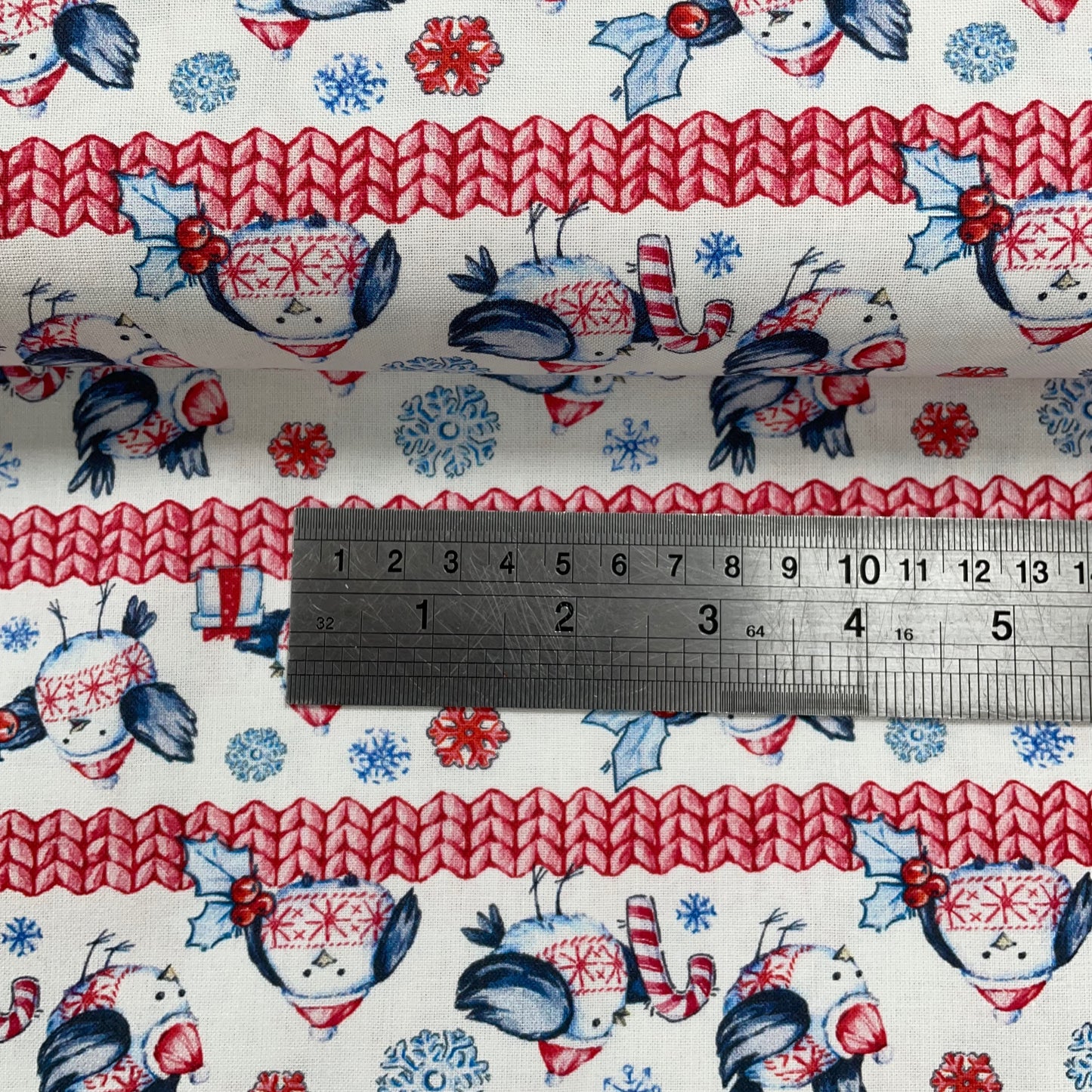 Crafty Fabrics Novelty Robin with Stripe on White Christmas 100% Craft Cotton Fabric