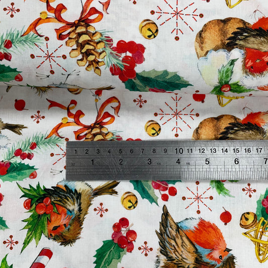 Crafty Fabrics Robins on White Christmas 100% Craft Cotton Fabric