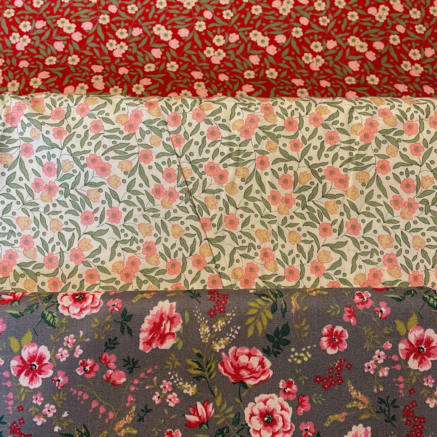 100% Cotton Fabric Craft Flowers on Red, Ivory and Grey