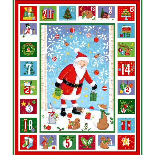 Makower Merry Santa Advent Calendar Panel 2486 Multi Coloured 100% Cotton Christmas Child