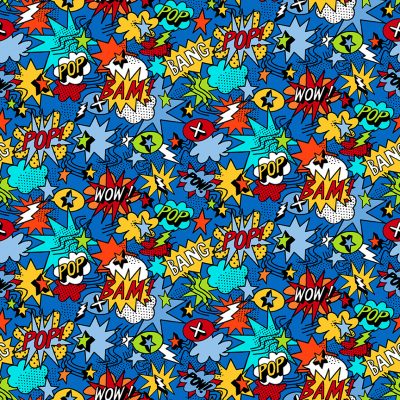 REDUCED Makower Monster Mash Pow Children Blue or White Background 2555 100% Premium Cotton Fabric