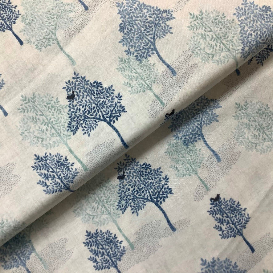 MAKOWER Woodland Trees 2062 Ivory with Blue Trees 100% Premium Cotton Fabric