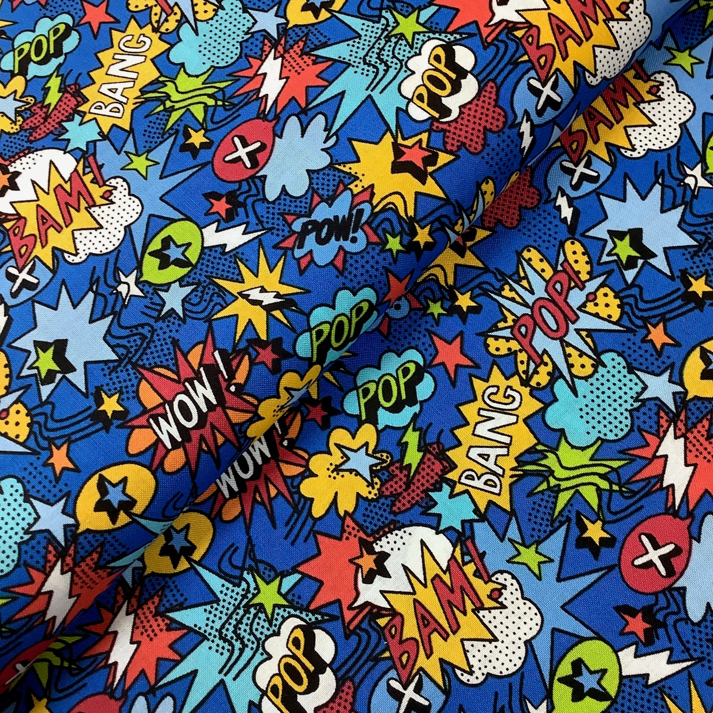 REDUCED Makower Monster Mash Pow Children Blue or White Background 2555 100% Premium Cotton Fabric