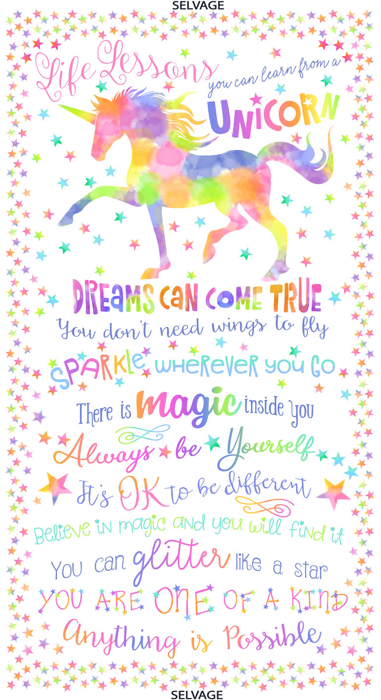 TIMELESS TREASURES Life Lessons Unicorn Quilt Panel Pink Silver Metallic C7003