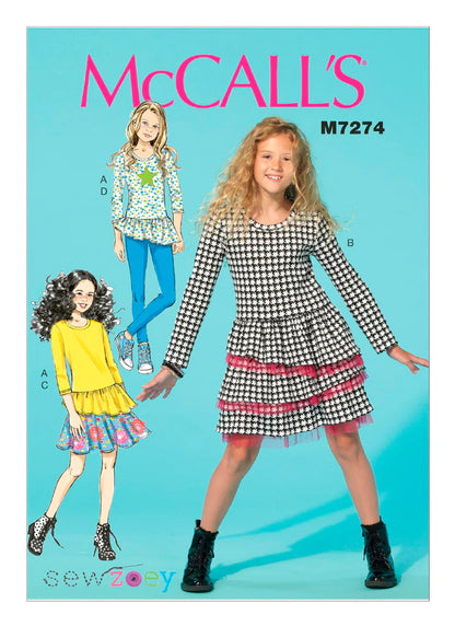 McCall's Dressmaking Sewing Pattern Children's Girls and Teen Ruffle Top Ruffle Dress Leggings Full-circle Skirt 7274