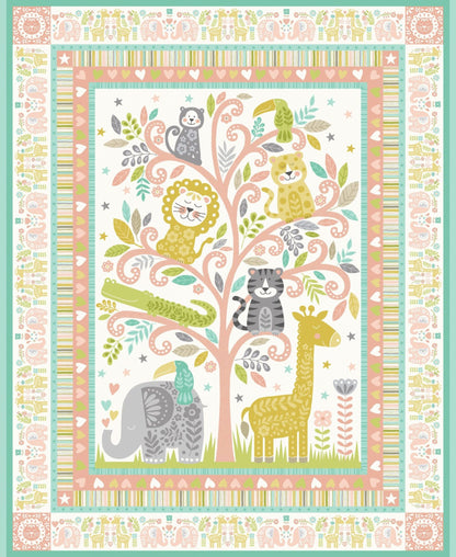Makower Baby Safari Fabric Panel 2 Different Colours Available Turquoise and Peach 100% Cotton 90cm