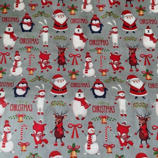 Christmas-themed fabric pattern with Santa Claus, reindeer, and snowmen on a gray background.