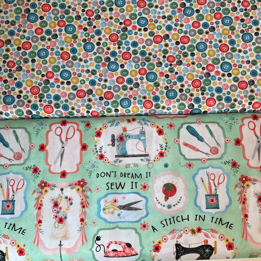 EQS A Stitch in Time Buttons Quotes Sewing Quilting 100% Premium Cotton Fabric