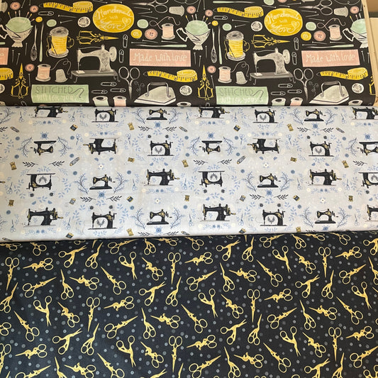 Three fabric swatches with sewing-themed patterns including sewing machines, scissors, and other tools.