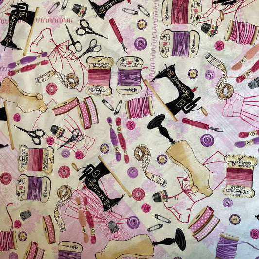 END OF BOLT 2.5m Timeless Treasures Sewing Haberdashery on Pink  100% Premium Cotton Fabric