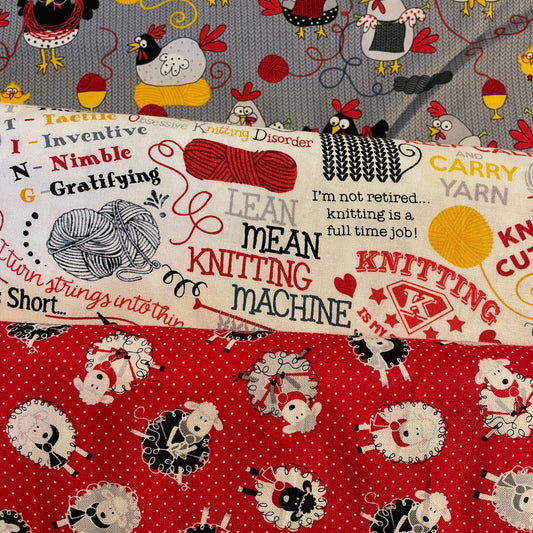 Three fabric swatches with knitting-themed patterns and text.