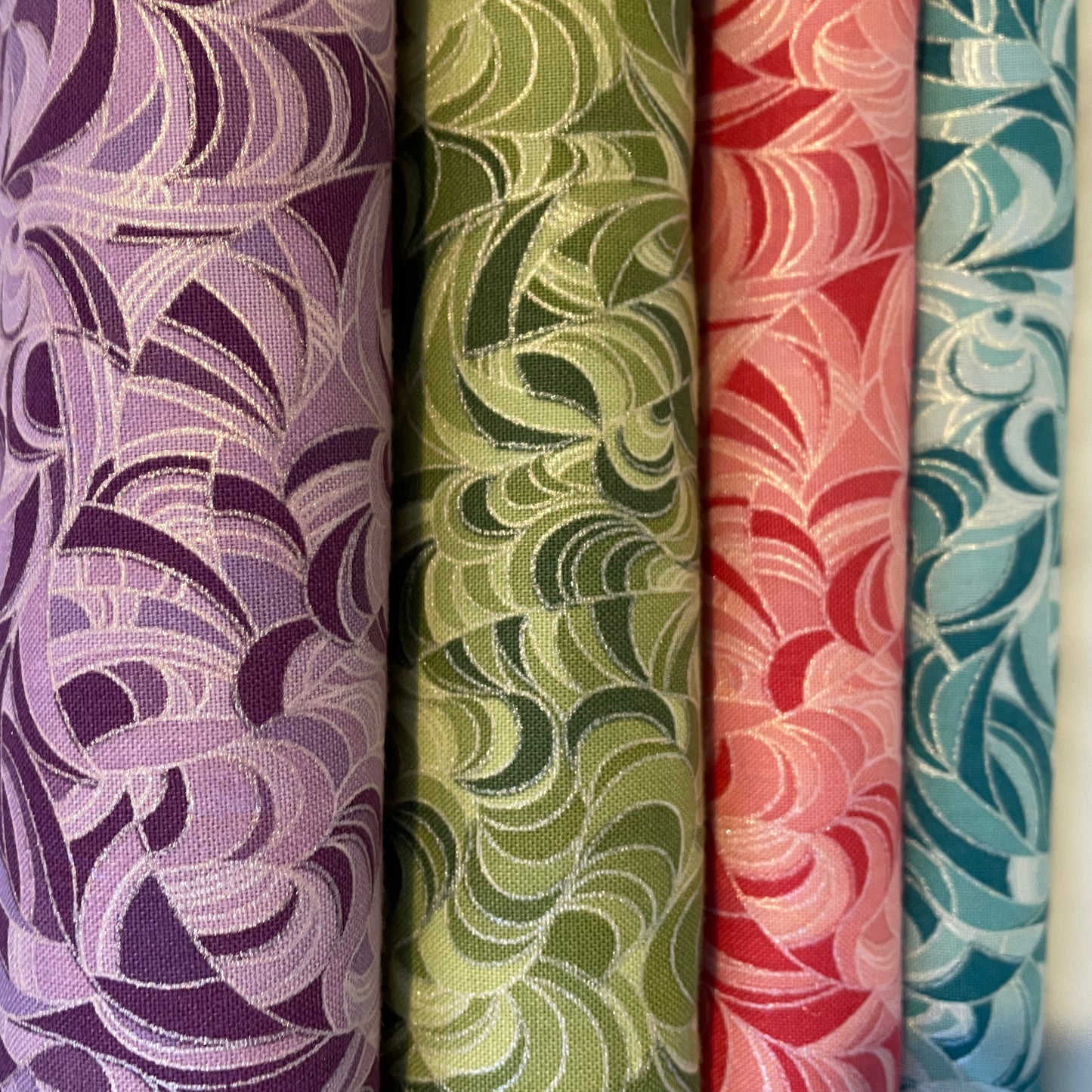 Littondale Metallic Silver on Purple, Green, Red, Turquoise Quilting 100% Premium Cotton Fabric