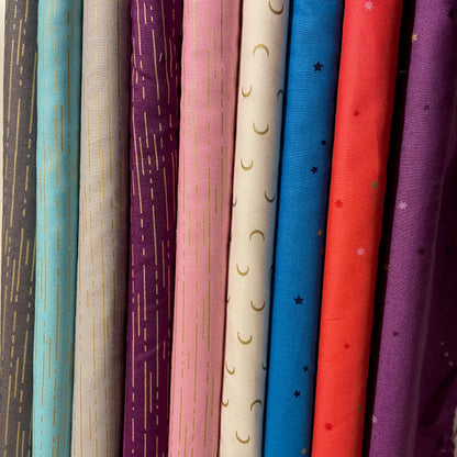 Makower Metallic Stars, Moon & Broken Line  Quilting 9 Designs 100% Premium Cotton Fabric