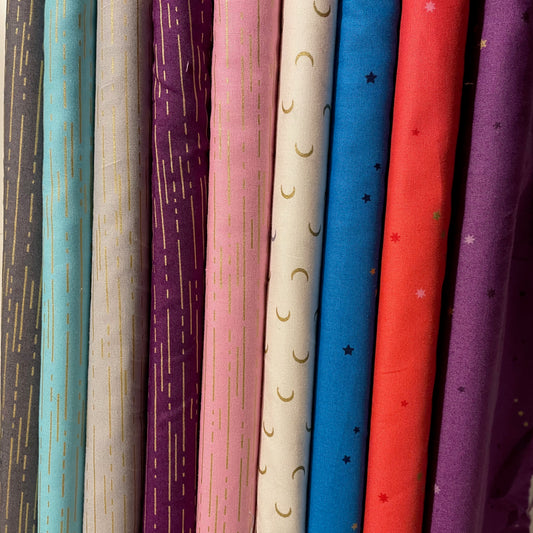 Makower Metallic Stars, Moon & Broken Line  Quilting 9 Designs 100% Premium Cotton Fabric