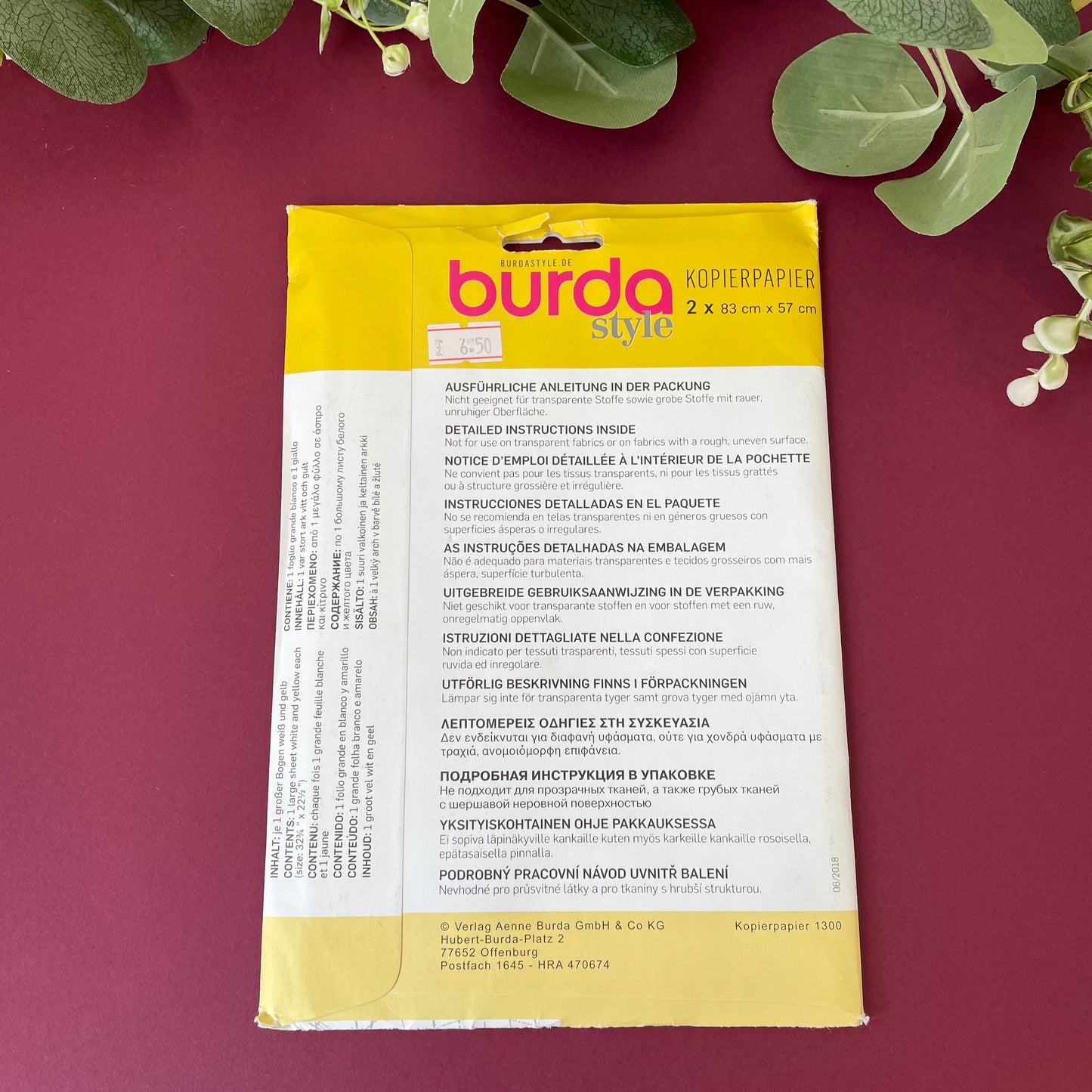 Burda Tracing Carbon Paper 2 sheets yellow and white