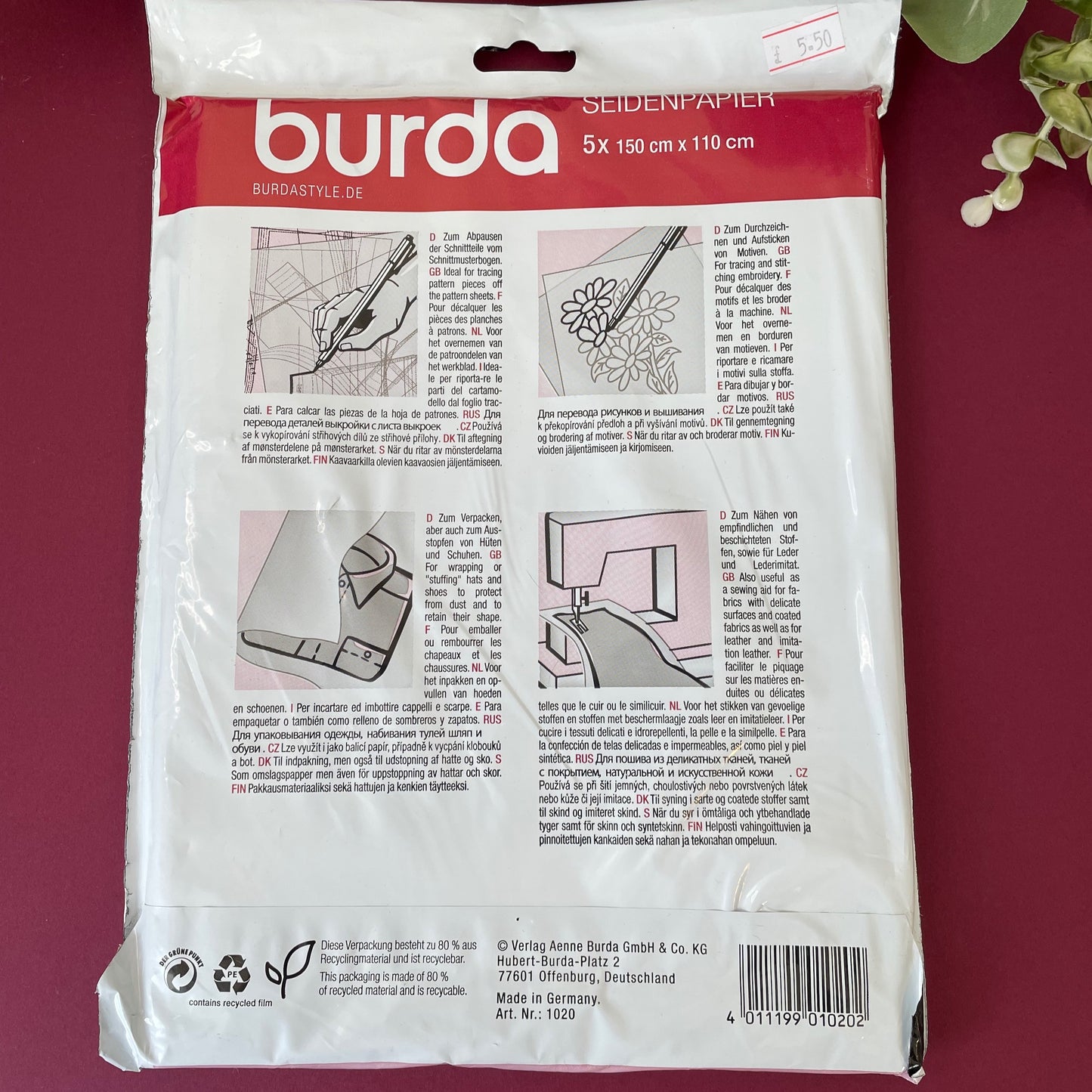 Burda Tissue Paper 5 Sheets For Tracing Patterns