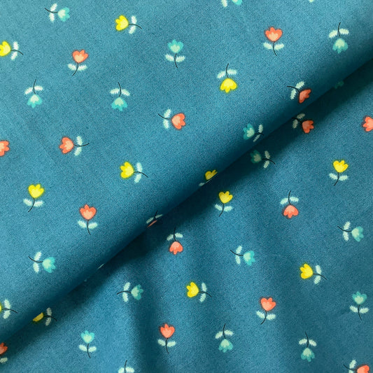 Makower Retro Scatter Blue with Multicoloured Ditsy Flowers 100% Premium Cotton Fabric 1845R