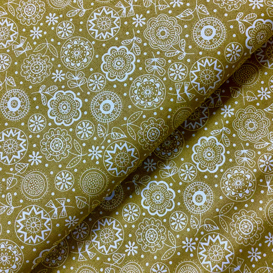 Makower Doodle Days Tonal Flowers Sage Green and White Floral Design 100% Premium Cotton Fabric 1875V