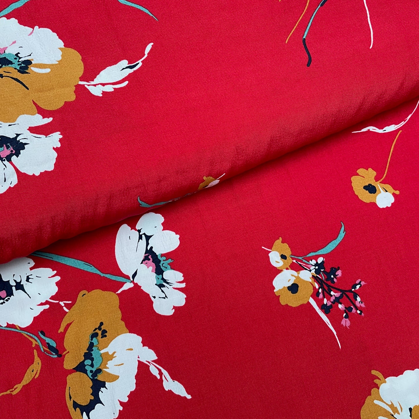 Red Floral Woven Polyester Dressmaking Fabric
