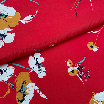 Red Floral Woven Polyester Dressmaking Fabric