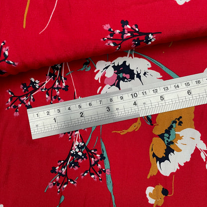 Red Floral Woven Polyester Dressmaking Fabric