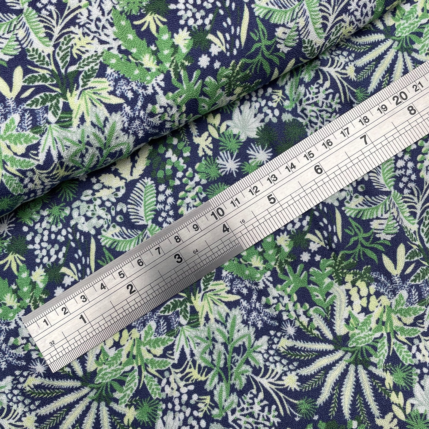 Blue Green Floral Leaf Woven Viscose Crepe Dressmaking Fabric