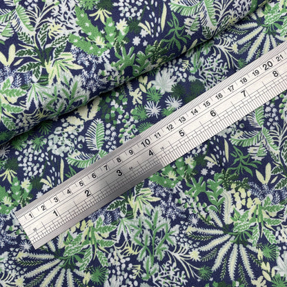 Blue Green Floral Leaf Woven Viscose Crepe Dressmaking Fabric