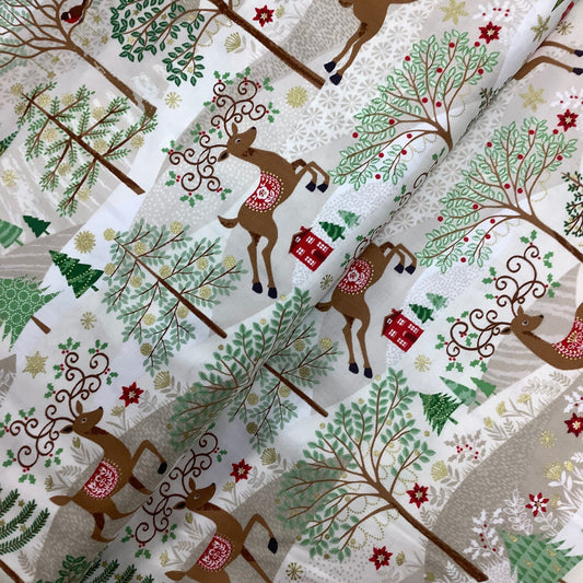 Makower Christmas Silent Night Scenic Reindeers House 100% Premium Cotton Fabric 1973