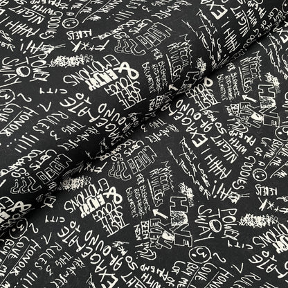 Black and White Abstract Words Sayings Woven Polyester Dressmaking Fabric