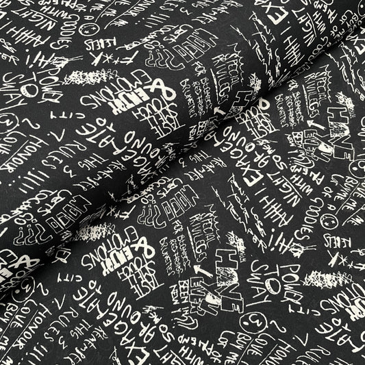 Black and White Abstract Words Sayings Woven Polyester Dressmaking Fabric